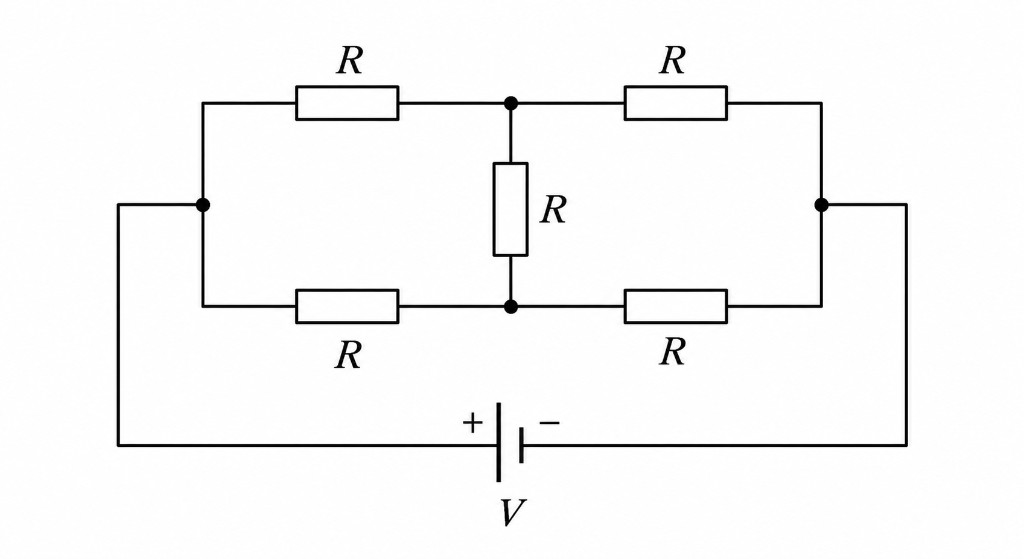 Bridge network of five identical resistors R across voltage V
